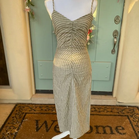 ZARA Striped Midi Dress in Olive and White